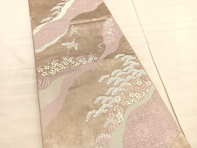 平和屋着物◎六通柄袋帯 唐織 飛鶴松花文 銀糸 引箔 正絹 逸品 BAAV5509hv