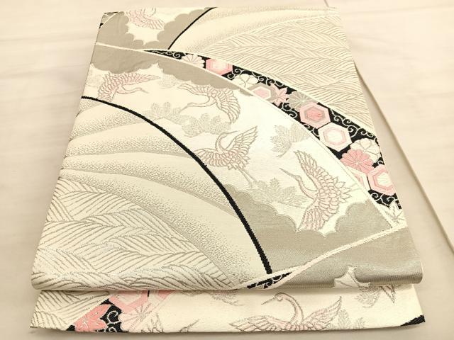 平和屋着物◎六通柄袋帯 唐織 立波飛鶴文 彩錦プラチナ箔 正絹 逸品 BAAV5792hv