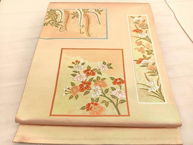 平和屋着物◎太鼓柄袋帯 唐織 総刺繍 短冊花文 金糸 正絹 逸品 BAAV5786hv