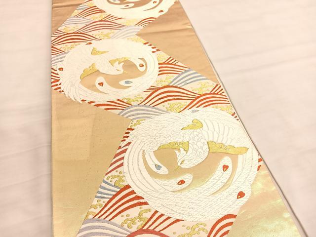 平和屋着物◎六通柄袋帯 唐織 鳳凰立波文 金糸 正絹 逸品 BAAV5898hv
