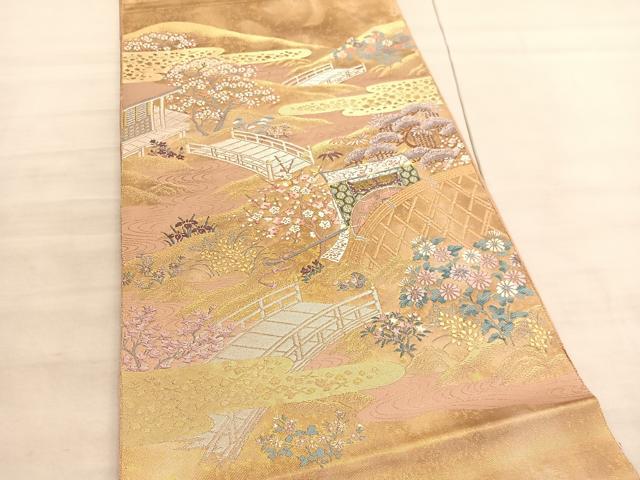 平和屋着物◎六通柄袋帯 唐織 渡橋御所車風景文 金銀糸 引箔 正絹 逸品 BAAV5937hv
