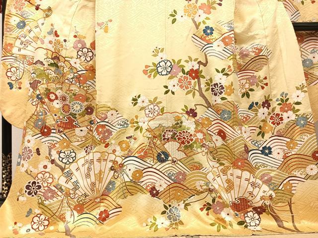 平和屋着物●豪華振袖・長襦袢(無双仕立て)セット 駒刺繍 檜扇花文 金彩 三越扱い ロング丈 正絹 逸品 AABC3704ph
