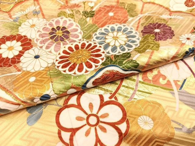 平和屋着物●豪華振袖・長襦袢(無双仕立て)セット 駒刺繍 檜扇花文 金彩 三越扱い ロング丈 正絹 逸品 AABC3704ph