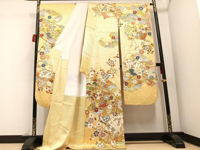 平和屋着物●豪華振袖・長襦袢(無双仕立て)セット 駒刺繍 檜扇花文 金彩 三越扱い ロング丈 正絹 逸品 AABC3704ph