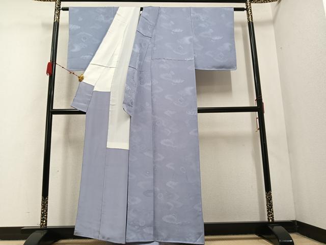 平和屋着物●上質な色無地 雲重ね鼓地紋 桔梗鼠色 正絹 逸品 AABC4466ph