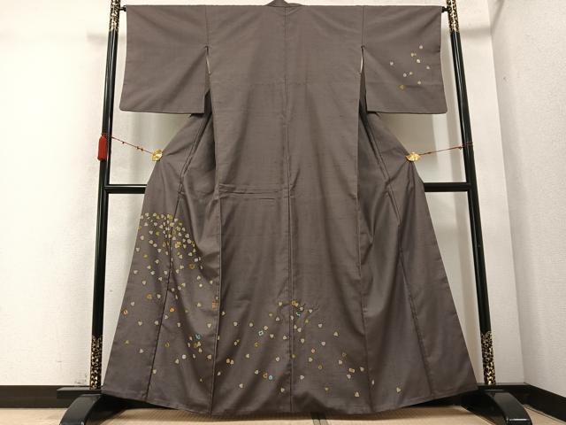 平和屋着物●訪問着 紬地 手描き 舞葉文 正絹 逸品 AABC6857ph