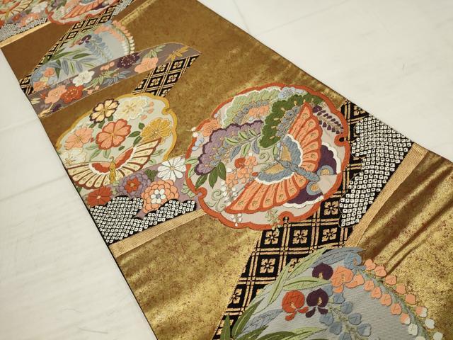 平和屋着物▼六通柄袋帯 唐織 慶祥典雅文 黒地 金糸 引箔 正絹 逸品 AABC6279wj