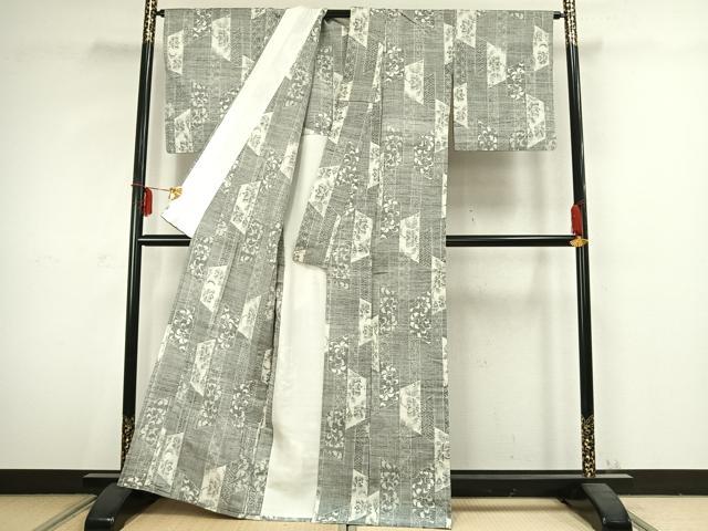 平和屋着物▽上質な紬 単衣 草花文 正絹 逸品 AABC3810fy