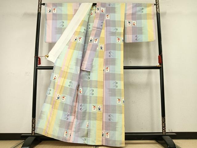 平和屋着物▽上質な紬 単衣 色紙花蝶文 正絹 逸品 AABC3781fy