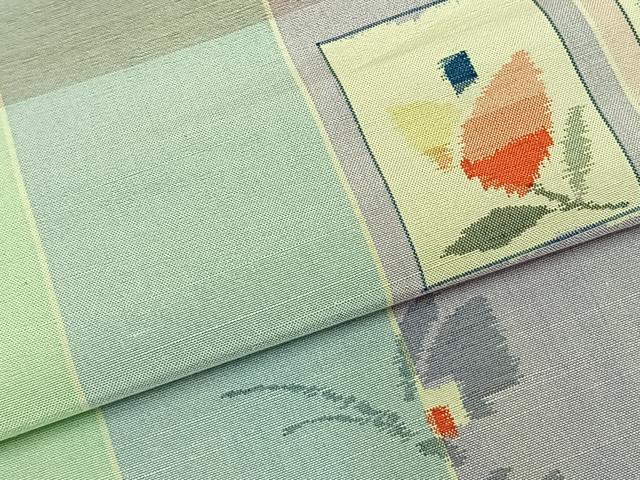 平和屋着物▽上質な紬 単衣 色紙花蝶文 正絹 逸品 AABC3781fy