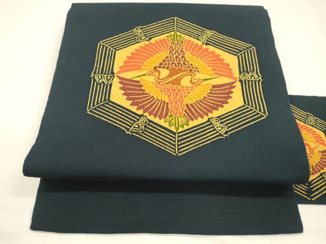 平和屋着物●九寸名古屋帯 型染 吉祥向かい鶴文 鬼しぼ縮緬 正絹 逸品 DAAY8241cm