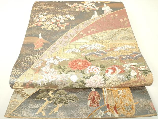 平和屋着物▼六通柄袋帯 宮中絵巻文 金糸 正絹 逸品 DAAX3988az