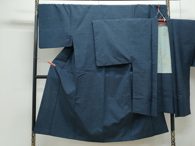 平和屋着物●男性 紬 髭紬羽織セット 色無地 濃藍色 正絹 逸品 CAAY9560th
