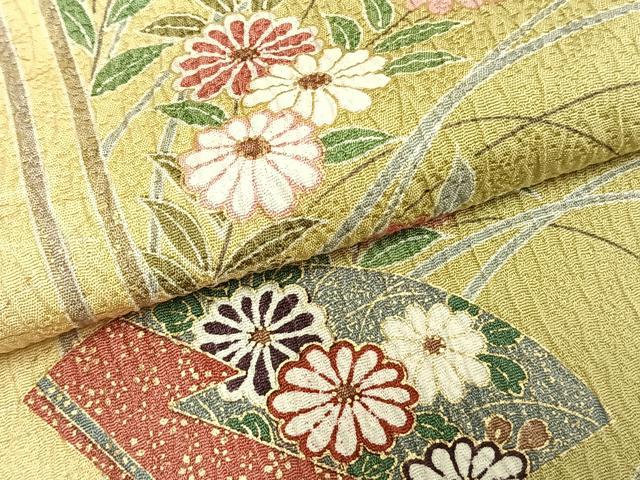 平和屋着物▽上質な小紋 単衣 扇面花文 金彩 正絹 逸品 AABC3862fy