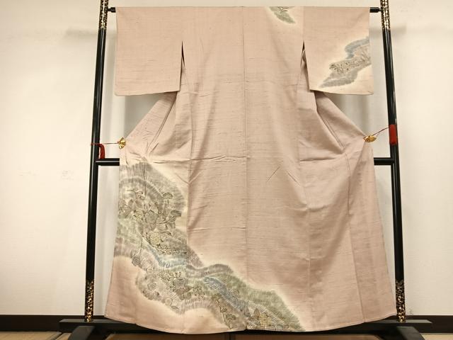 平和屋着物▽訪問着 単衣 紬地 辻が花 正絹 逸品 AABC3870fy