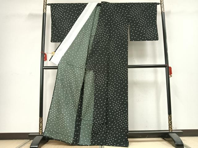 平和屋着物▽小紋 単衣 扇面文 黒地 洗える着物 AABC3915fy