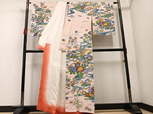 平和屋着物●訪問着 型染め 流水風景草花文 正絹 逸品 AABC9662ph
