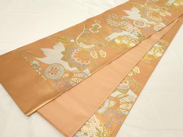平和屋着物▼西陣 六通柄袋帯 楽器扇面花文 金糸 証紙付き 正絹 逸品 CAAZ6728dy