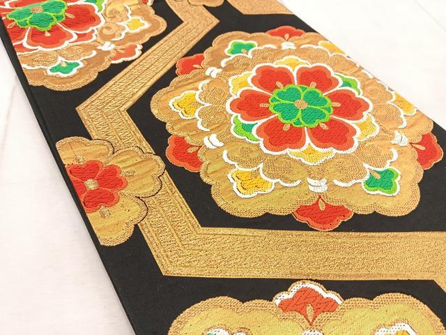 平和屋着物◎六通柄袋帯 唐織 幾何学文様 黒地 金糸 正絹 逸品 BAAV6740yc