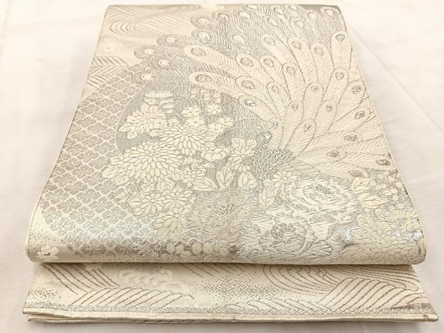平和屋着物◎六通柄袋帯 唐織 美保姿 孔雀花文 銀糸 正絹 逸品 BAAV6424yc