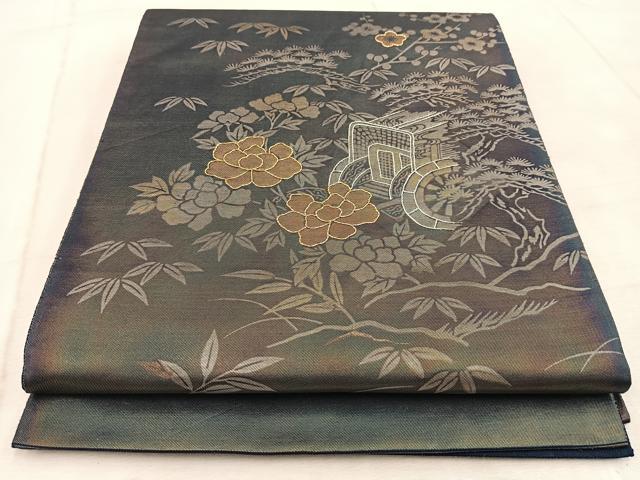 平和屋着物◎太鼓柄袋帯 駒刺繍 御所車花文 金銀糸 引箔 正絹 逸品 BAAV6477yc
