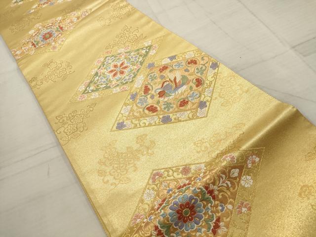 平和屋着物▼六通柄袋帯 唐織 菱取紋様 金糸 正絹 逸品 AABC6653wj