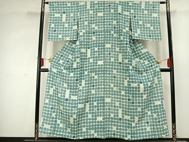平和屋着物▽上質な小紋 単衣 幾何学文様 反端付き 正絹 逸品 AABD0019fy