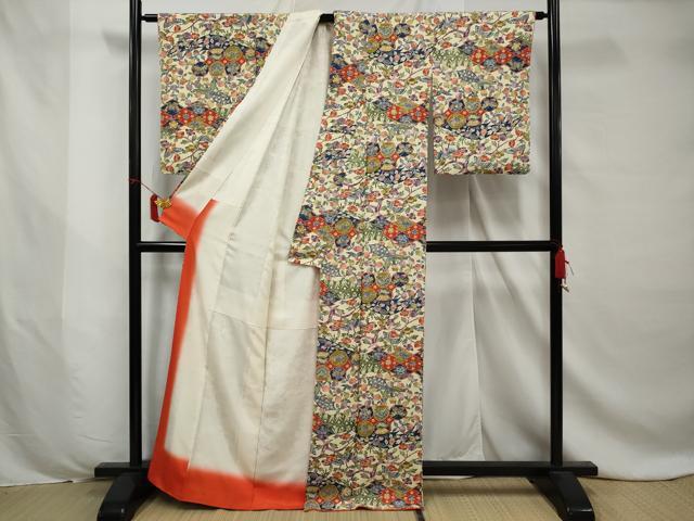 平和屋着物●上質な小紋 型染め 松皮菱孔雀花文 正絹 逸品 AABC2182gw