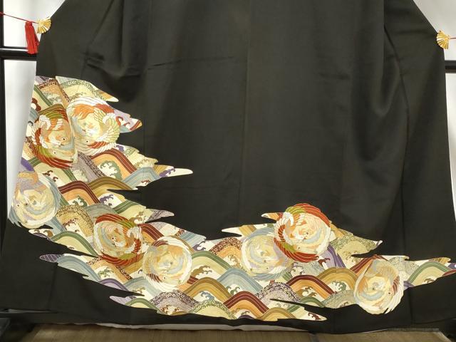 平和屋着物■豪華黒留袖 駒刺繍 流水鳳凰文 金彩 正絹 逸品 AABC2176gw