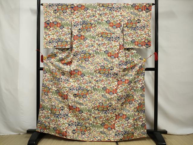 平和屋着物●上質な小紋 型染め 松皮菱孔雀花文 正絹 逸品 AABC2182gw