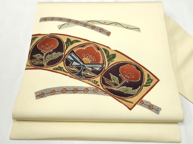 平和屋着物●塩瀬 九寸名古屋帯 枝花丸文 金彩 正絹 逸品 CABA1074hy
