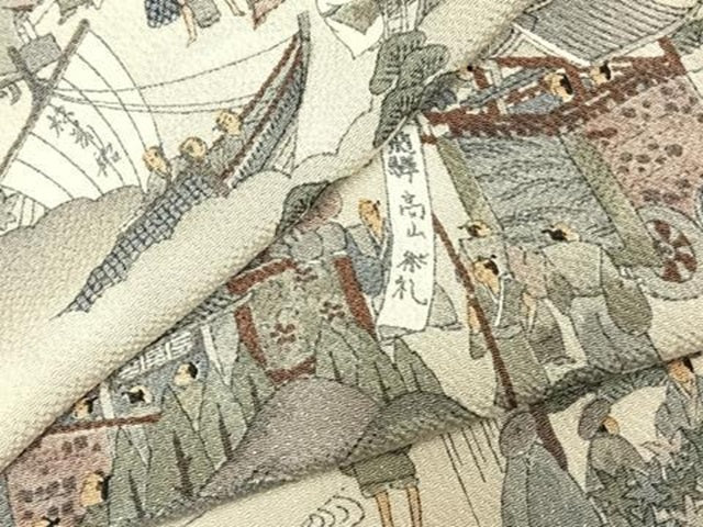 平和屋着物▽手染屋 吉兵衛 小紋 単衣 日本の名画 祭礼絵図名作集 風景人物文 浜ちりめん 鬼しぼ縮緬 反端付き 逸品 未使用 AABD0158fy