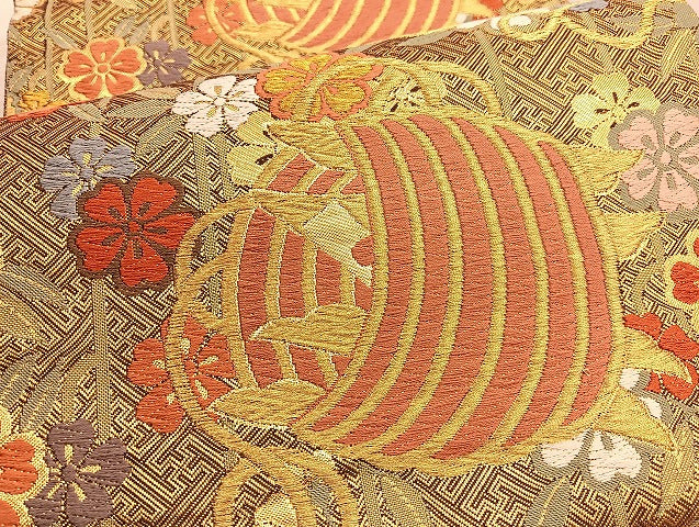 平和屋着物●佐賀錦 六通柄袋帯 唐織 枝重桜小田巻文様 金糸 正絹 逸品 BAAV8809hv
