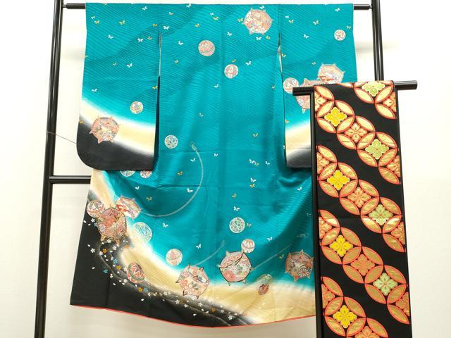 平和屋着物[]七五三 女の子 7歳 祝着 四つ身 袋帯セット 駒刺繍 糸車鞠