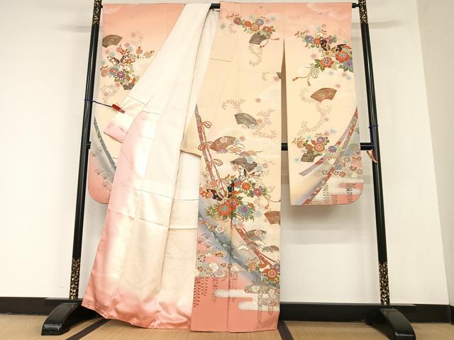 平和屋着物●豪華振袖 結び紐花蝶文 暈し染め 金彩 正絹 逸品 AABC5130zg