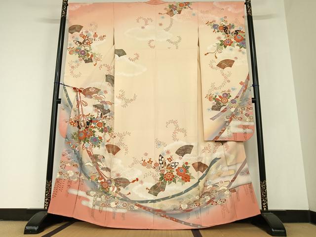平和屋着物●豪華振袖 結び紐花蝶文 暈し染め 金彩 正絹 逸品 AABC5130zg