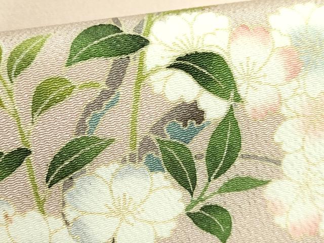 平和屋本店●極上 名門染元 秀美 十日町友禅 九寸名古屋帯 枝桜 白茶色地 鬼しぼ縮緬 反端付き 逸品 未使用 DZAB2017kh6