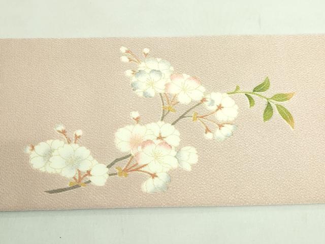 平和屋本店●極上 名門染元 秀美 十日町友禅 九寸名古屋帯 枝桜 白茶色地 鬼しぼ縮緬 反端付き 逸品 未使用 DZAB2017kh6