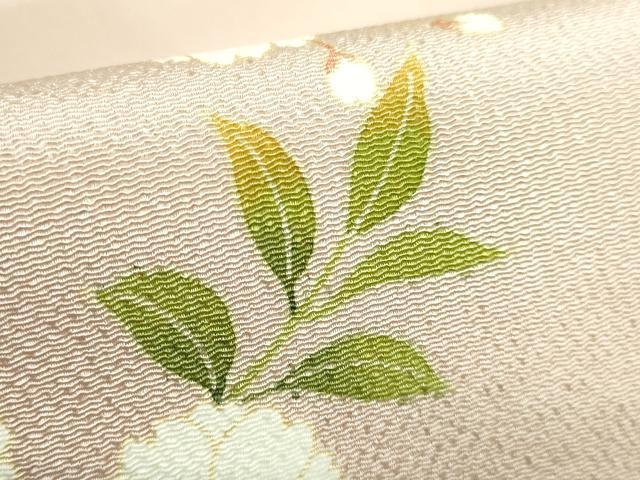 平和屋本店●極上 名門染元 秀美 十日町友禅 九寸名古屋帯 枝桜 白茶色地 鬼しぼ縮緬 反端付き 逸品 未使用 DZAB2017kh6
