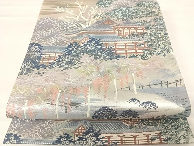 平和屋着物◎六通柄袋帯 名勝百景 宇治平等院 銀糸 正絹 逸品 AABD3625yx