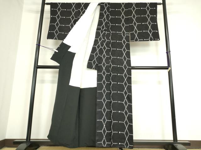平和屋着物●上質な小紋 絞り 亀甲繋ぎ 黒地 正絹 逸品 DAAY9383az