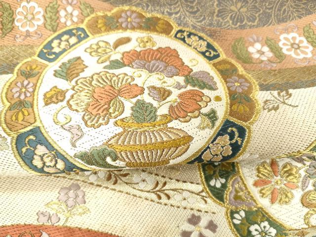 平和屋着物●六通柄袋帯 唐織 花寿秀彩文 金糸 引箔 正絹 逸品 DAAZ4306cm