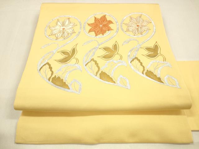 平和屋着物○塩瀬 九寸名古屋帯 駒刺繍 枝花文 金銀彩