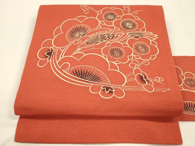 平和屋着物○九寸名古屋帯 型染 枝花文 鬼しぼ縮緬