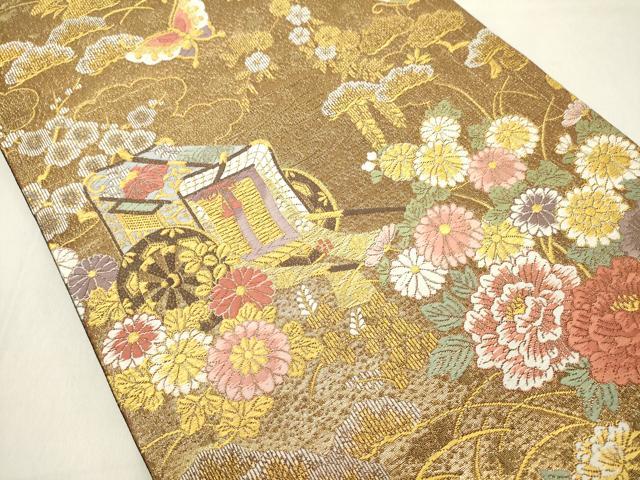 平和屋着物◎六通柄袋帯 唐織 綴綾錦 御所車花蝶文 金糸 正絹 逸品 DAAZ8136cd