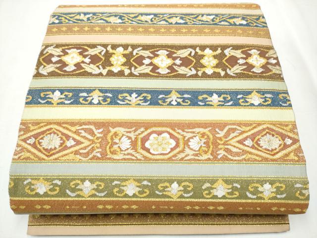 平和屋着物●爪掻き本綴れ 全通柄袋帯 横段花文 金糸 正絹 逸品 CABA5106hy