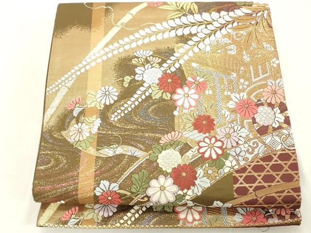 平和屋着物●六通柄袋帯　唐織　御所車花文　金糸　正絹　逸品　CABC5592hy 平和屋着物◎六通柄袋帯 唐織 花唐草文 金糸 正絹 逸品 BAAX4761qwの