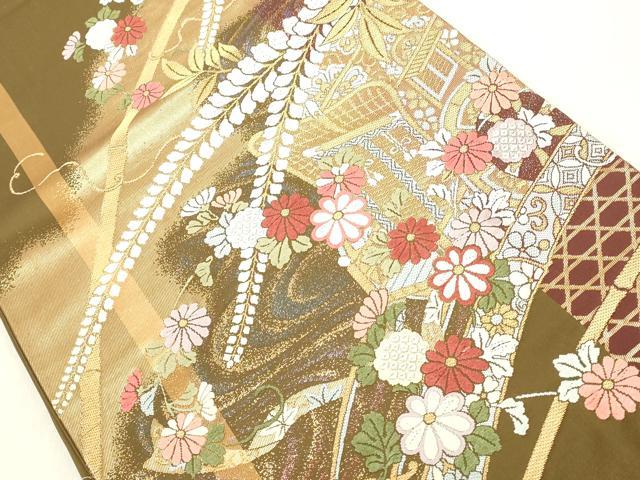 平和屋着物◎六通柄袋帯 唐織 御所車花文 金糸 正絹 逸品 DAAZ8211cd