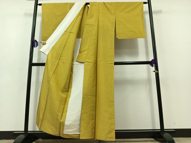 平和屋着物▽上質な紬 単衣 菜種油色 正絹 逸品 AABD9431jh