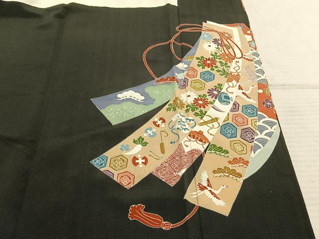 平和屋着物●豪華黒留袖 友禅 駒刺繍 熨斗花鳥文 黒地 正絹 逸品 AABD8519fy